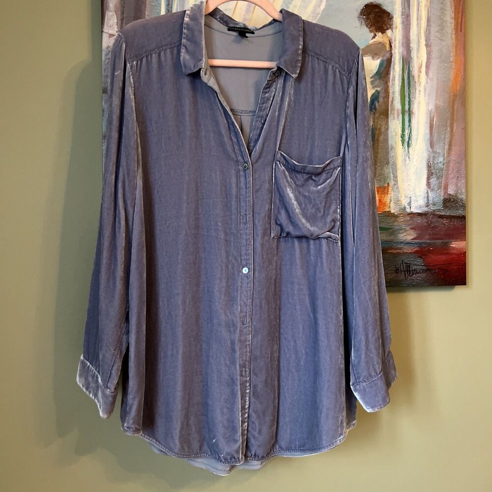 Eileen Fisher Classic Collar Velvet Shirt Blue Womens Sz L